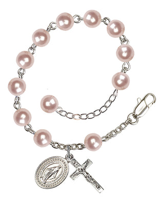 Adjustable Silver Plated 6mm Austrian Crystal, Faux Pearl Rosary Bracelet in Rose