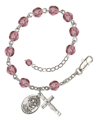 Silver-Plated 6mm Fire-Polished Saint Anthony of Padua Rosary Bracelet in Amethyst Engraved Catholic Saint Jewelry