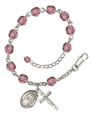 Silver-Plated 6mm Fire-Polished Saint David of Wales Rosary Bracelet in Amethyst Engraved Catholic Saint Jewelry