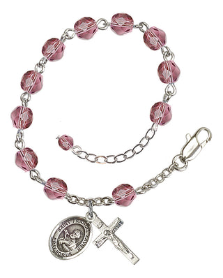 Silver-Plated 6mm Fire-Polished Saint Francis Xavier Rosary Bracelet in Amethyst Engraved Catholic Saint Jewelry