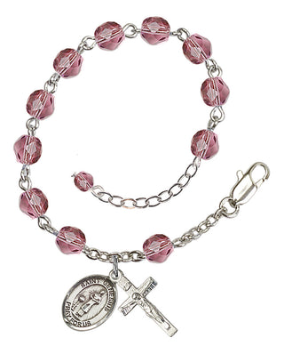 Silver-Plated 6mm Fire-Polished Saint Genesius of Rome Rosary Bracelet in Amethyst Engraved Catholic Saint Jewelry