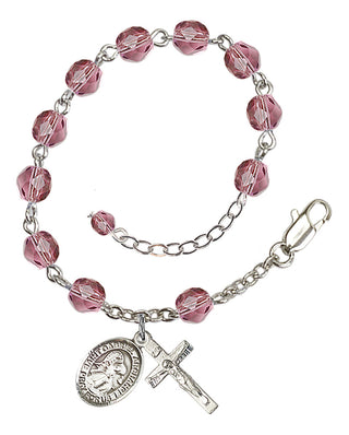 Silver-Plated 6mm Fire-Polished Saint Gabriel the Archangel Rosary Bracelet in Amethyst Engraved Catholic Saint Jewelry