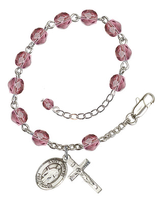 Silver-Plated 6mm Fire-Polished Saint Justin Rosary Bracelet in Amethyst Engraved Catholic Saint Jewelry