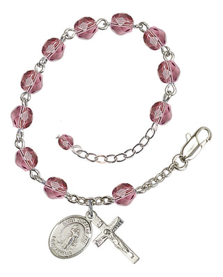 Silver-Plated 6mm Fire-Polished Saint Joan of Arc Rosary Bracelet in Amethyst Engraved Catholic Saint Jewelry