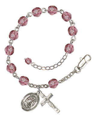 Silver-Plated 6mm Fire-Polished Saint John the Apostle Rosary Bracelet in Amethyst Engraved Catholic Saint Jewelry