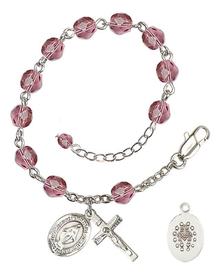 Silver-Plated 6mm Fire-Polished Miraculous Rosary Bracelet in Amethyst Engraved Catholic Saint Jewelry