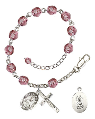 Silver-Plated 6mm Fire-Polished Scapular Rosary Bracelet in Amethyst Engraved Catholic Saint Jewelry