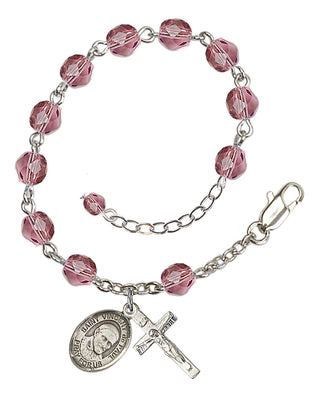 Silver-Plated 6mm Fire-Polished Saint Vincent de Paul Rosary Bracelet in Amethyst Engraved Catholic Saint Jewelry