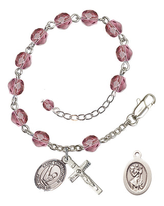 Adjustable Silver Plated 6mm Fire Polished Saint Christopher/Gymnastics Rosary Bracelet in Amethyst