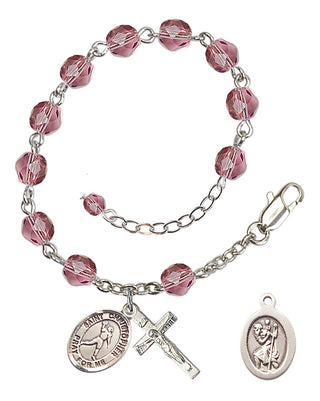 Adjustable Silver Plated 6mm Fire Polished Saint Christopher/Football Rosary Bracelet in Amethyst