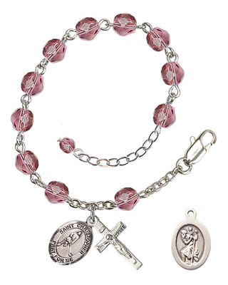 Adjustable Silver Plated 6mm Fire Polished Saint Christopher/Ice Hockey Rosary Bracelet in Amethyst