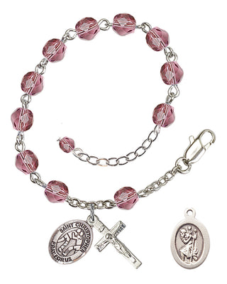 Adjustable Silver Plated 6mm Fire Polished Saint Christopher/Wrestling Rosary Bracelet in Amethyst