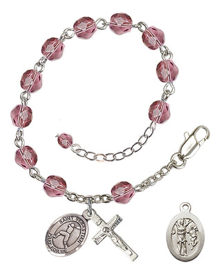 Adjustable Silver Plated 6mm Fire Polished Saint Sebastian/Baseball Rosary Bracelet in Amethyst