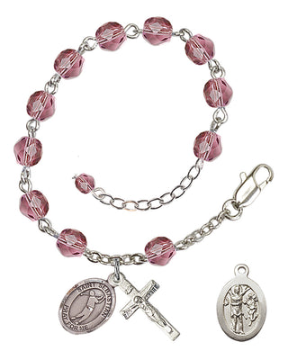 Adjustable Silver Plated 6mm Fire Polished Saint Sebastian/Golf Rosary Bracelet in Amethyst
