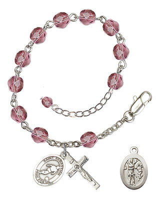 Adjustable Silver Plated 6mm Fire Polished Saint Sebastian/Soccer Rosary Bracelet in Amethyst