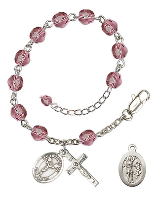Adjustable Silver Plated 6mm Fire Polished Saint Sebastian/Cheerleading Rosary Bracelet in Amethyst