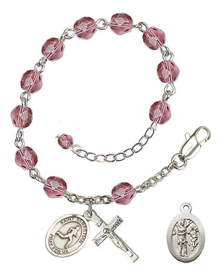 Adjustable Silver Plated 6mm Fire Polished Saint Sebastian/Track & Field Rosary Bracelet in Amethyst