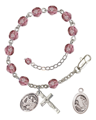 Silver-Plated 6mm Fire-Polished Saint Cecilia / Marching Band Rosary Bracelet in Amethyst Engraved Catholic Saint Jewelry