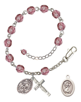 Silver-Plated 6mm Fire-Polished Saint Christopher / Field Hockey Rosary Bracelet in Amethyst Engraved Catholic Saint Jewelry