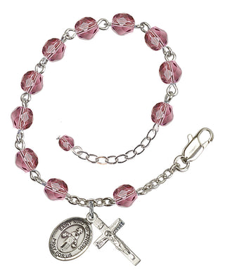 Silver-Plated 6mm Fire-Polished Saint Nino de Atocha Rosary Bracelet in Amethyst Engraved Catholic Saint Jewelry