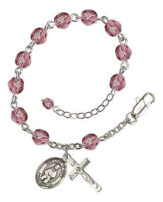 Silver-Plated 6mm Fire-Polished Our Lady of Hope Rosary Bracelet in Amethyst Engraved Catholic Saint Jewelry