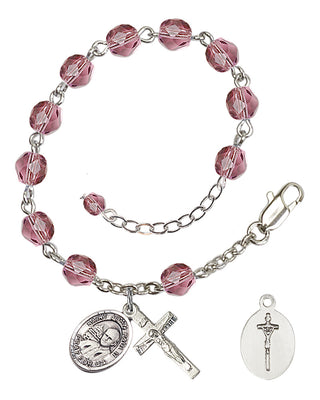 Adjustable Silver Plated 6mm Fire Polished Saint John Paul II Rosary Bracelet in Amethyst