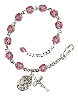 Silver-Plated 6mm Fire-Polished Our Lady of All Nations Rosary Bracelet in Amethyst Engraved Catholic Saint Jewelry