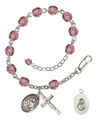 Adjustable Silver Plated 6mm Fire Polished Our Lady of Mount Carmel Rosary Bracelet in Amethyst