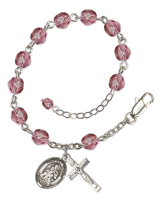 Silver-Plated 6mm Fire-Polished Saint Isaiah Rosary Bracelet in Amethyst Engraved Catholic Saint Jewelry