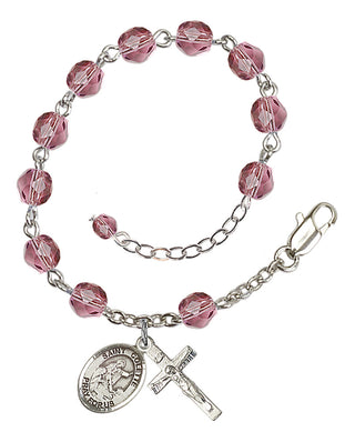 Silver-Plated 6mm Fire-Polished Saint Colette Rosary Bracelet in Amethyst Engraved Catholic Saint Jewelry