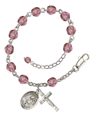 Silver-Plated 6mm Fire-Polished Saint Malachy O'More Rosary Bracelet in Amethyst Engraved Catholic Saint Jewelry