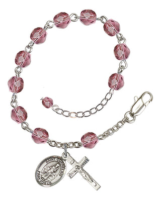 Silver-Plated 6mm Fire-Polished Saint Cornelius Rosary Bracelet in Amethyst Engraved Catholic Saint Jewelry