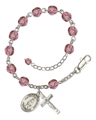 Silver-Plated 6mm Fire-Polished Virgin of the Globe Rosary Bracelet in Amethyst Engraved Catholic Saint Jewelry