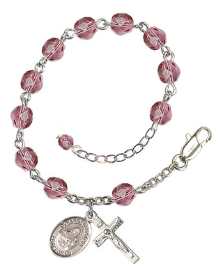 Silver-Plated 6mm Fire-Polished Our Lady of Grapes Rosary Bracelet in Amethyst Engraved Catholic Saint Jewelry