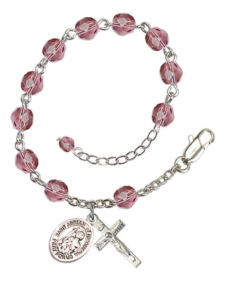 Silver-Plated 6mm Fire-Polished Saint Adrian of Nicomedia Rosary Bracelet in Amethyst Engraved Catholic Saint Jewelry