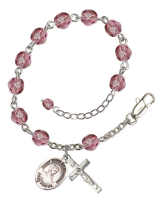 Silver-Plated 6mm Fire-Polished Saint John Berchmans Rosary Bracelet in Amethyst Engraved Catholic Saint Jewelry