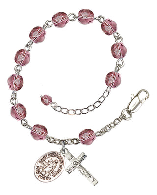 Silver-Plated 6mm Fire-Polished Saint Bernadine of Sienna Rosary Bracelet in Amethyst Engraved Catholic Saint Jewelry