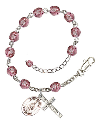 Silver-Plated 6mm Fire-Polished Saint Eligius Rosary Bracelet in Amethyst Engraved Catholic Saint Jewelry