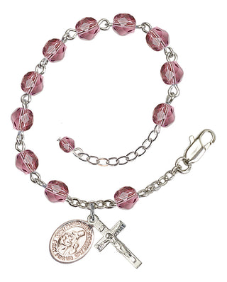 Silver-Plated 6mm Fire-Polished Saint Margaret of Scotland Rosary Bracelet in Amethyst Engraved Catholic Saint Jewelry