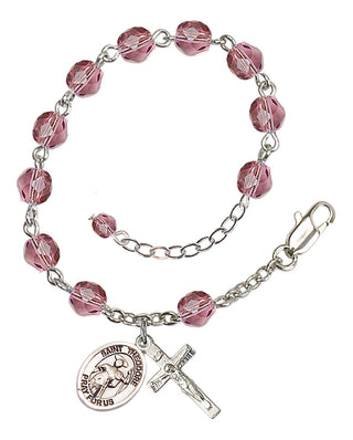 Silver-Plated 6mm Fire-Polished Saint Theodore Stratelates Rosary Bracelet in Amethyst Engraved Catholic Saint Jewelry