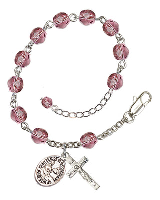 Silver-Plated 6mm Fire-Polished Saint Claude de la Colombiere Rosary Bracelet in Amethyst Engraved Catholic Saint Jewelry