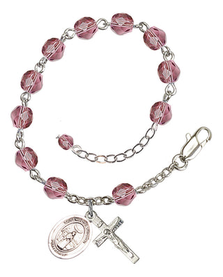 Silver-Plated 6mm Fire-Polished Saint Medard of Noyon Rosary Bracelet in Amethyst Engraved Catholic Saint Jewelry
