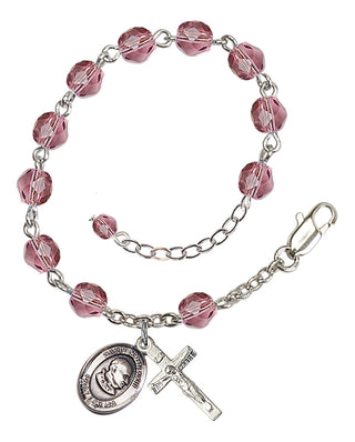 Silver-Plated 6mm Fire-Polished Saint John XXIII Rosary Bracelet in Amethyst Engraved Catholic Saint Jewelry