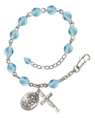 Silver-Plated 6mm Fire-Polished Saint Anthony of Padua Rosary Bracelet in Aqua Engraved Catholic Saint Jewelry