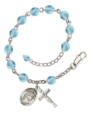Silver-Plated 6mm Fire-Polished Saint Matthew the Apostle Rosary Bracelet in Aqua Engraved Catholic Saint Jewelry