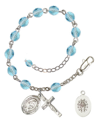 Silver-Plated 6mm Fire-Polished Miraculous Rosary Bracelet in Aqua Engraved Catholic Saint Jewelry