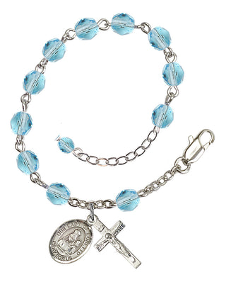 Silver-Plated 6mm Fire-Polished Our Lady of Loretto Rosary Bracelet in Aqua Engraved Catholic Saint Jewelry
