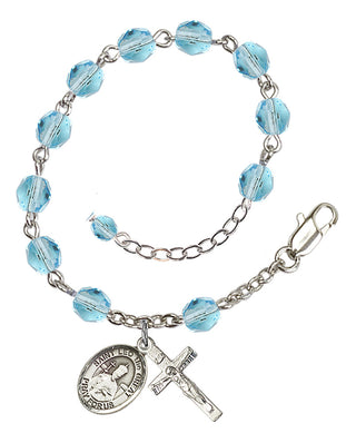 Silver-Plated 6mm Fire-Polished Saint Leo the Great Rosary Bracelet in Aqua Engraved Catholic Saint Jewelry