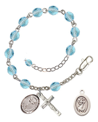 Adjustable Silver Plated 6mm Fire Polished Saint Christopher/Cheerleading Rosary Bracelet in Aqua