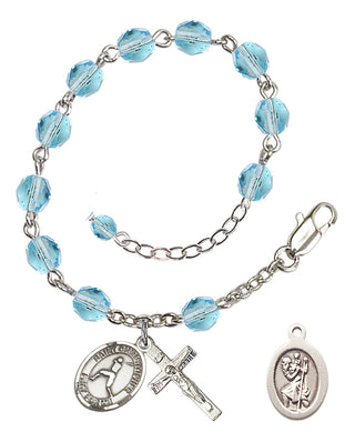 Adjustable Silver Plated 6mm Fire Polished Saint Christopher/Baseball Rosary Bracelet in Aqua